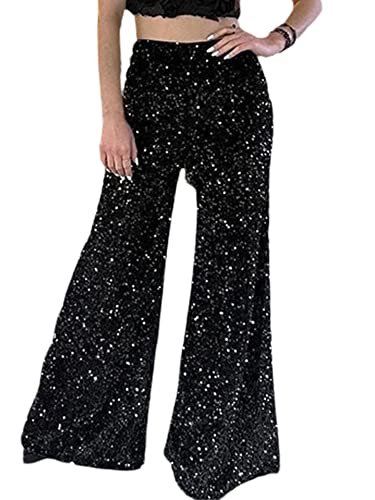 NUFIWI Sequin Bell Bottom Pants for Women High Waist Glitter Wide Leg Pants Sparkle Flared Trousers Disco Clubwear4