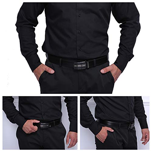 Image of JINIU Men's Ratchet Belt Buckle, Black Genuine Leather Slide Belt for Men Dress Suit, Micro Adjustable Trim to Fit Boxed