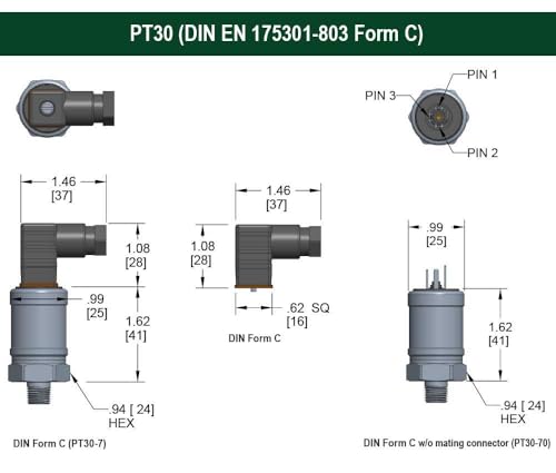 High Performance Fixed Range Pressure Transmitter, 0 to 1000 psi gauge, ±0.25% of Span, 0 Vdc to 10 Vdc, 3-wire, 1/4 NPT male, DIN form C