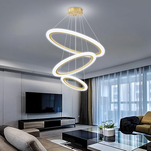 Image of Manraj Modern LED Gold Ring Chandelier, Acrylic 3-Ring Design, Flush Mount Chandelier with Adjustable Hanging Cord Pendant Light Fixture, for Dining Living Room Bedroom (Gold)