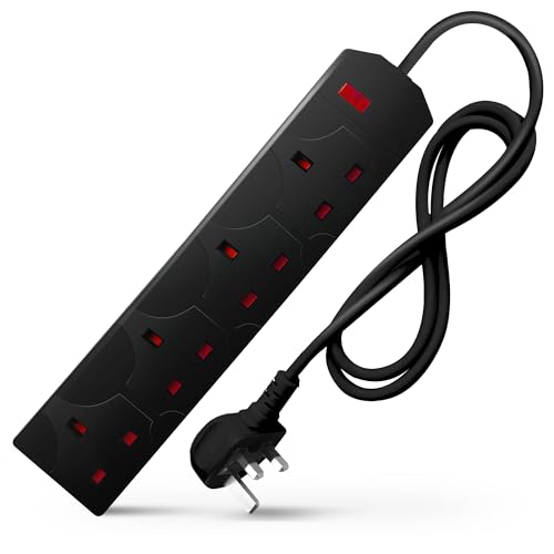 DESIRETECH Black Electric Extension Lead - 4 Gang 1 Metre Cable with UK Plug & 3 Pin Socket - Wall Mountable & Multi Socket Mains Strip for Home Bedroom Kitchen & Office (1 Pack)