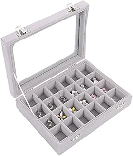 Ivosmart 24 Section Velvet Glass Jewelry Ring Display Organiser Box Tray Holder Earrings Storage Case (Grey)