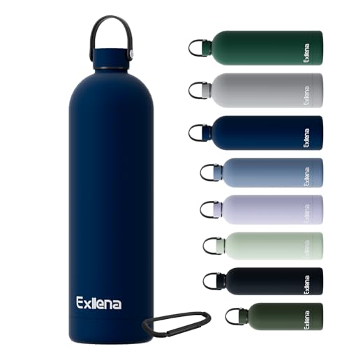 Exllena Borraccia Termica 1,5 Litri con Maniglia e Moschettone -Borraccia 1,5 Litri Mantenere Calore/Freddo - Senza BPA - 100% A Tenuta Stagna per Escursioni, Campeggio, Viaggi, Sport...(Blu Navy)