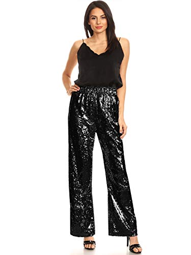 Anna-Kaci Women's Elastic Waist Sparkly Sequin 70's Disco Wide Leg Flare Palazzo Pants4