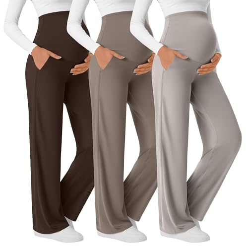 Velvelhall 3 Pack Women's Maternity Yoga Pants - Medium, Brown, Light Coffee, Cream Gray