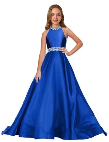 Flower Girls Satin Rhinestone Pageant Dresses Princess A Line Halter Birthday Formal Party Communion Gowns for Teens