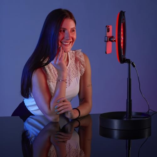 Hama LED RGB Ringlicht mit Stativ Handy faltbar 10,2“ Ringleuchte, 26,5 cm Durchmesser, Tisch Stativ f&uuml;r die Kamera, ausziehbar bis 138 cm, dimmbares LED Tischringlicht, farbig, zum Einklappen schwarz