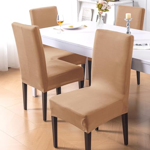 Image of HOKIPO 'SereneSolids' 140 GSM Polyester Blend Dining Chair Cover Set of 2, Camel (AR-6246-CML)