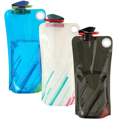 NIEEKRUN 3 Stück Faltbare Trinkflasche, 1000ml Wiederverwendbare Trinkflasche Faltbar BPA Freie Wasserflasche mit Clip, Festival Flexible Trinkbeutel für Wandern Abenteuer Reisen
