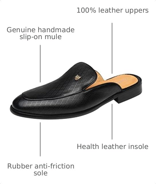 Image of ELANROMAN Men's Backless Loafers Black Genuine Leather Mules Slippers Slip on Shoes