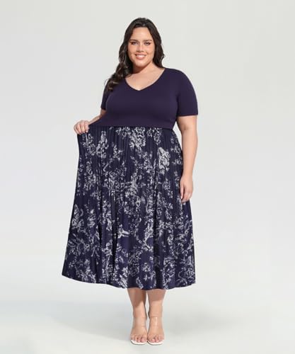 Image of CARCOS Plus Size Dresses for Women Summer Short Sleeve V Neck Patchwork Dresseses XL-5XL