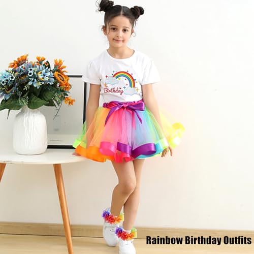 Image of Rainbow Birthday Outfits for Girls-T-shirt,Tutu Skirt Dress,Ruffle Socks,Headband,Unicorn Gifts for Girls