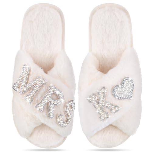 Tarpop Bride Slippers Mrs Slipper for Wedding with Personalized Initial Pearl Design Bridal Gifts(7-8,K)