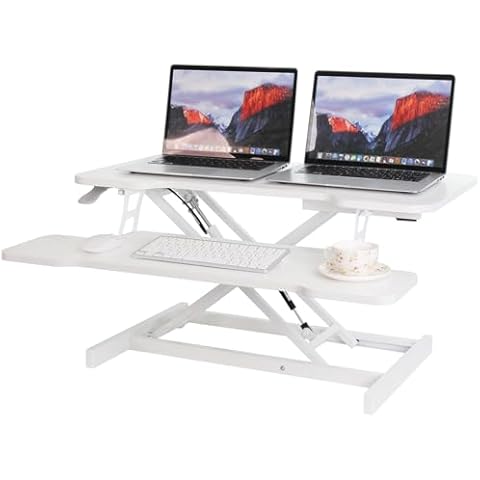 LCVXYERQ 32" Standing Desk Converter, Height Adjustable Sit to Stand Up Desk Workstation, Dual Monitor Desk Riser with Keyboard Tray Riser Laptop for Home Office (White) Cover