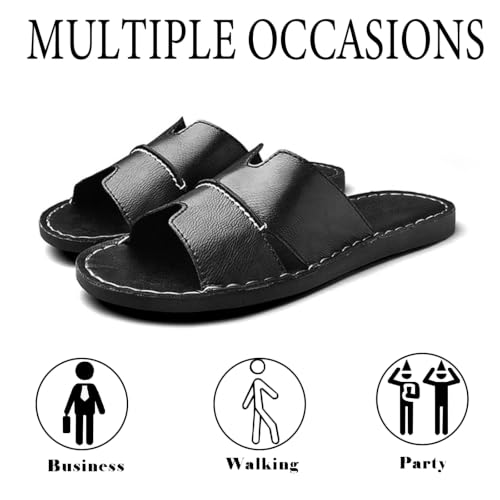 Image of Men's Leather Cutout Slides Sandals Comfortable Lightweight Open Toe Anti-Slip Soft Bottom Slip On Slippers Summer Outdoor Casual Beach Sandals