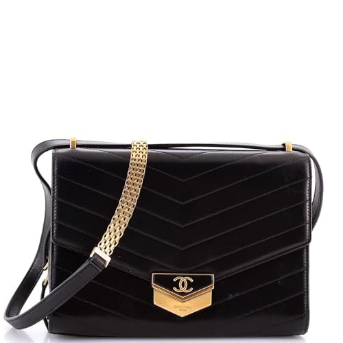 Pre-Loved Medal Envelope Flap Bag Chevron Calfskin Large, Black