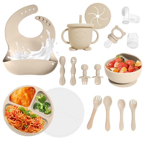 Image of Baby Led Weaning Supplies, 17 Piece BPA-Free Silicone Feeding Set, Eating Essentials Baby Utensils with Suction Plate and Bowl, Pocket Bib, Sippy Cup with Lid, for 6+ Months, Beige