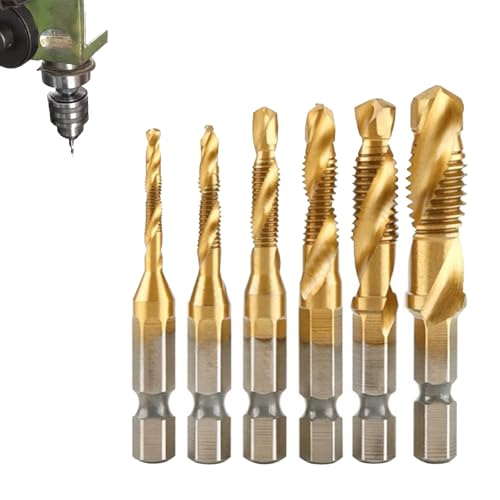 3 in 1 Spiral Flute Drill Bits, 3 in 1 Spiral Tap Hex Shank Drill Bit Set Hexagonal Shank Titanium-Coated Thread Drilling and Tapping Tool Set for Drilling Tapping Countersinking (Gold,Short)