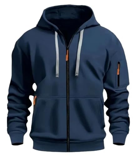 MakingDa Men's Zipped Hoodie Pullover Pockets Long Sleeve Zip-Up Cuffed Shirts Hoody Fleece Solid Regular Fit Casual Hooded Sweatshirt Tops Navy Blue XL