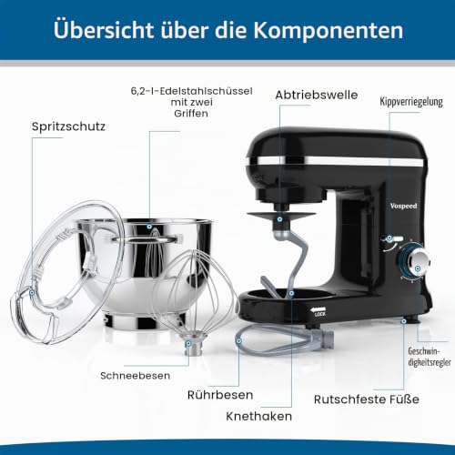 Vospeed Küchenmaschine 6.2L, Elektrischer Standmixer mit 6 Geschwindigkeiten, Knetmaschine zum...
