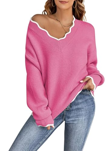 Women's Fall V-Neck Pullover Sweater, Long Sleeve, Scallop Trim, Casual Knitted Jumper Tops2
