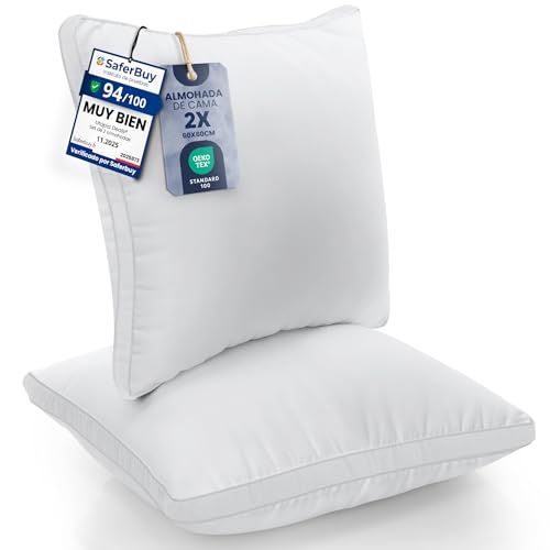 Utopia Bedding Almohadas (2 Unidades), 60 x 60 cm Tela de Microfibra con Relleno de poliéster 3D, Transpirable y Suave (Blanco)
