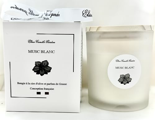 Bougies Parfumées Musc Blanc, Cadeau à la Cire d'olive Biodégradable, Mèche en coton, Parfum de Grasse, Longue durée 40 Heures 200g, Cadeaux anniversaires, Fabrication Française