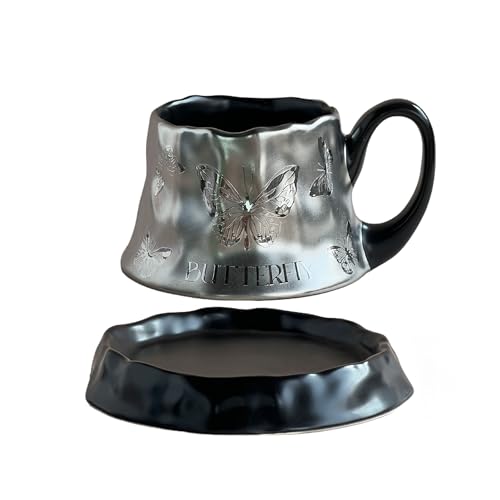 Volcanic Ash Titanium Finish Coffee Mug and Saucer Set (8 oz) | Modern Sculptural Ceramic Cup for Espresso & Latte | Unique Artisanal Home Decor & Desk Art