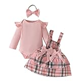 LUVCES Baby Mädchen Herbst Winter Röcke Sets Rüschen Langarm Strampler Top Plaid Bowknot Rock Infant Overalls Hosenträger Kleid Kleidung Outfits Rosa kariert 0-3 Monate