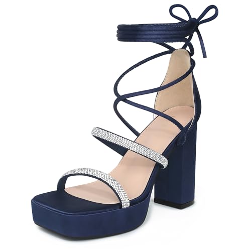 Perphy Rhinestone Platform Lace Up Chunky Heels Sandals for Women