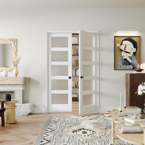 Image of (24 inch x 2) x 80 inch Frosted Glass French Door Slab, White 5 Lite Pantry Door with Black Knobs & Lock, Pre-Drilled, Easy to Assemble Interior Doors for Bathroom, Bedroom, Laundry