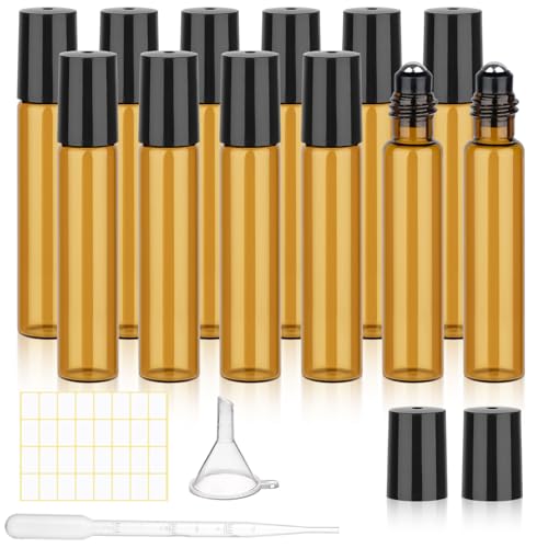 12 Pack Amber Roller Bottles for Essential Oils, 10ml Glass
