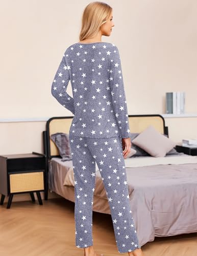 Image of Ekouaer Womens 2 Pack Pajama Set Long Sleeve Pajamas Top and Pants V Neck Pjs Set Soft Sleepwear Loungewear