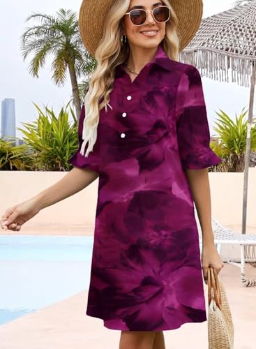 Image of Womens Summer Shirt Mini Dresses 2026 Beach | Flowy Shift Dress, Button V Neck, Polo Collar, Ruffle Short Sleeve, Floral Boho Style, Casual Vacation Outfits with Pockets