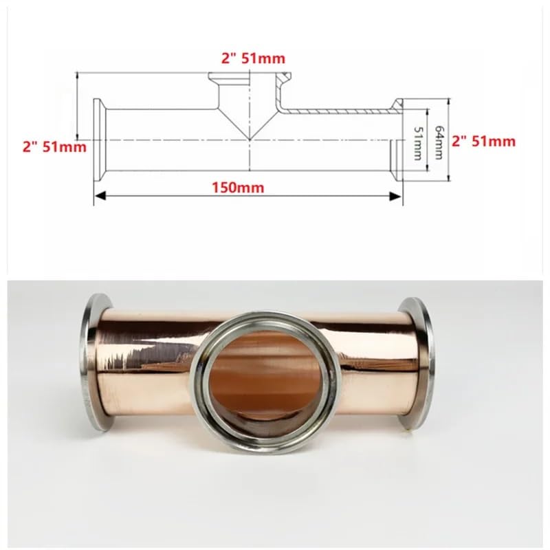Tubería de Cobre en T de 3 vías con Abrazadera Triple de 2" (51 mm) y diámetro Exterior de 64 mm, Longitud de 6" (150 mm), Tipo T