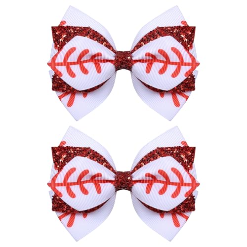 Sparkling Baseball Hair Bow Clips 4in White Red Softball Ribbon Cheer Bows with Alligator Hairpins...