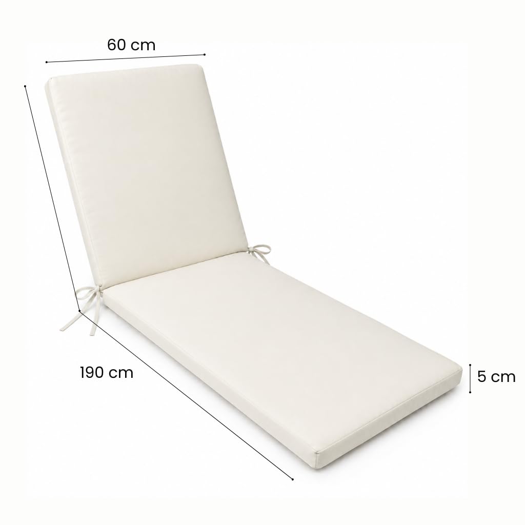 Cuscino Premium per Lettino Prendisole 190x60 cm | Schienale Reclinabile, Imbottitura Comfort e Laccetti | Ideale per Giardino, Piscina e Outdoor (Avorio)
