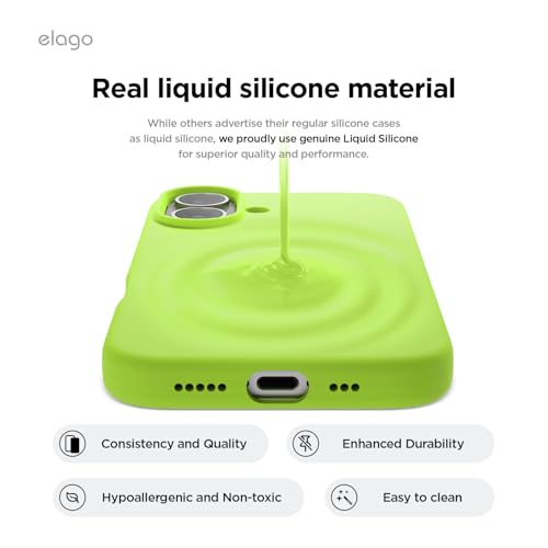 Image of elago Compatible with iPhone 16 Case, Premium Liquid Silicone Case, Full Body Protective Cover, Shockproof, Slim Phone Case, Anti-Scratch Soft Microfiber Lining, 6.1 inch (Lime Green)