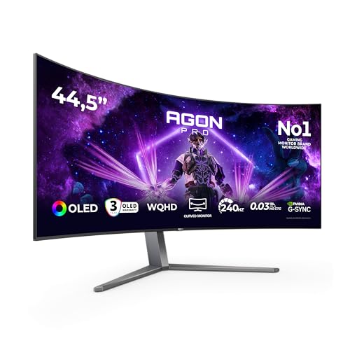 Recensione AOC Agon Pro AG456UCZD: recensioni e Opinioni AOC Agon Pro AG456UCZD Monitor da gioco curvo OLED WQHD 45 pollici, 240 Hz, 0.03 ms GtG, HDR10, FreeSync Prem. Pro, G-Sync comp. 3440x1440, HDMI 2.0, DisplayPort 1.4, USB-C 90 W PD, Hub USB nero