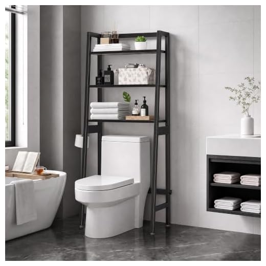 MallKing Over The Toilet Storage, Wooden 3-Tier Over-The-Toilet Rack Bathroom Space Saver Organizer, Freestanding Above Toilet with Toilet Paper Holder and Hooks (Black)