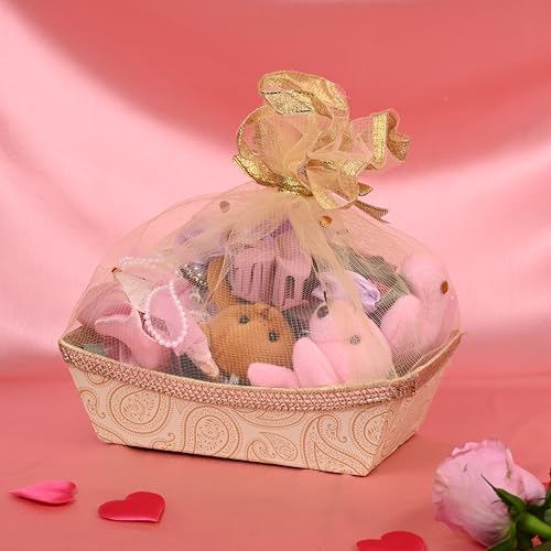 Image of Mantouss Rakhi Gift Hamper for Sister - Decorated Basket with Chocolates in Heart Shaped Box, Pair of Jhumki, Satin Scrunchy with Tulips, Pendent Set, Flower Hair Pin, Best Wishes Card