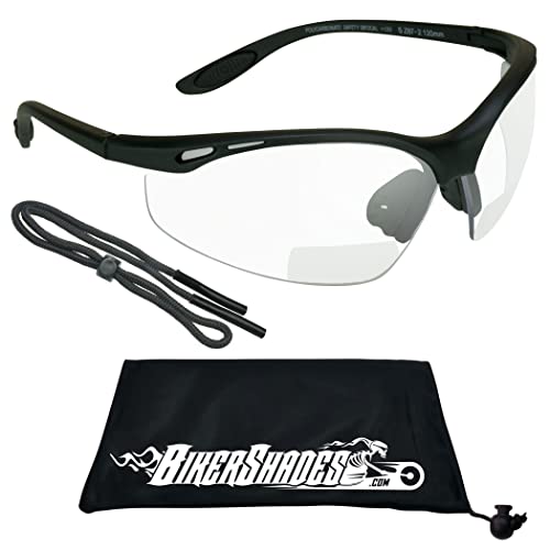 Bikershades Safety Bifocal Reader Glasses Clear +1.00 w/Strap Men Women Wrap-Around Semi-Rimless
