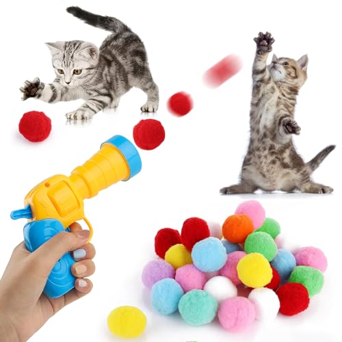 ACTOYS Bolas Juguete para Gatos, Lanzador de Bolas Gatos, Pelota Interactiva para Gatos, Pistola de Pelotas para Gatos, 30 x Pompones de Colores, 3 x Pelota para Gatos Plastico,para Gatos de Interior