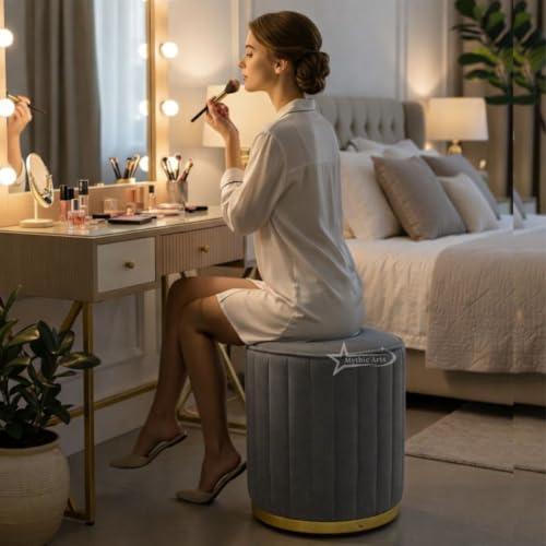 Image of Upholstered Round Linen Strip Stool Living Room Foot Rest Office Stool Pouf Ottoman Padded Seat - Grey