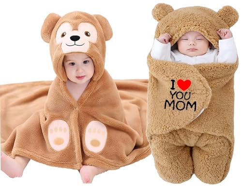 Image of Swissberry Baby Bedding Sets, Blankets Newborn Pack of Hooded Wrapper, Swaddler for Baby Boys and Girls, 0-6 Months, L 80 cm x B 80 cm, Pack of 2 pcs (Camel Monkey & Beige Mom)