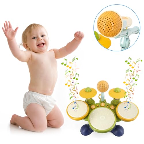 Image of Electronic Hand Drum Set for Toddlers with Microphone, Cymbals and Lights | Three light-up hand drums, two cymbals, songs and sound effects for musical play; requires 4 AA batteries, not included.