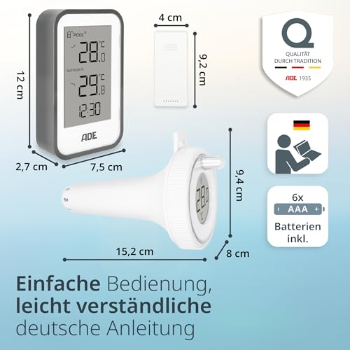 ADE Poolthermometer schwimmend | Pool Thermometer funk für Schwimmbad, Whirlpool, Badewanne, Teich | Wasserthermometer mit Außensensor | inkl. Batterien