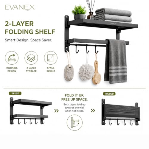 Image of EVANEX Towel Rack for Bathroom 304 Stainless Steel Towel Holder 24 Inch Folding Towel Rack with Shelf Wall Mounted Chrome Finish Black Bathroom Organizer, Bathroom Accessories Set