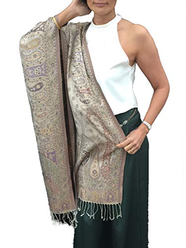 Fleur d'Héritage Pañuelo de seda jacquard 100% seda natural, 70 x 190 cm, estampado de cachemira, plata, Talla única Cover