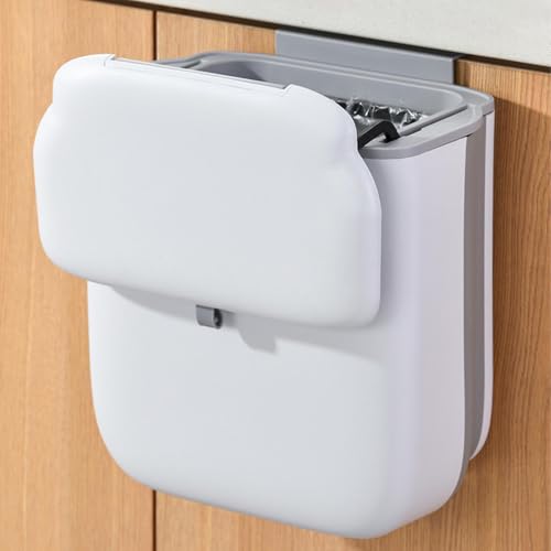 Hanging Kitchen Waste Bin, 10L Foldable Plastic Small Trash Can Wall Mounted Rubbish Bin with Slide-Open Lid Under Counter Bi-n for Counter top/Camping/Car/Bathroom/Office/Bedroom(COLOR:white)